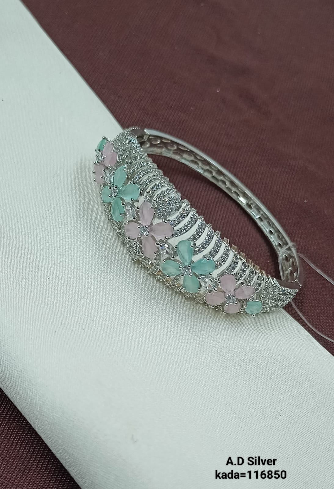 A.D. Silver Floral Bracelet – Soft Pink & Mint Green Stones